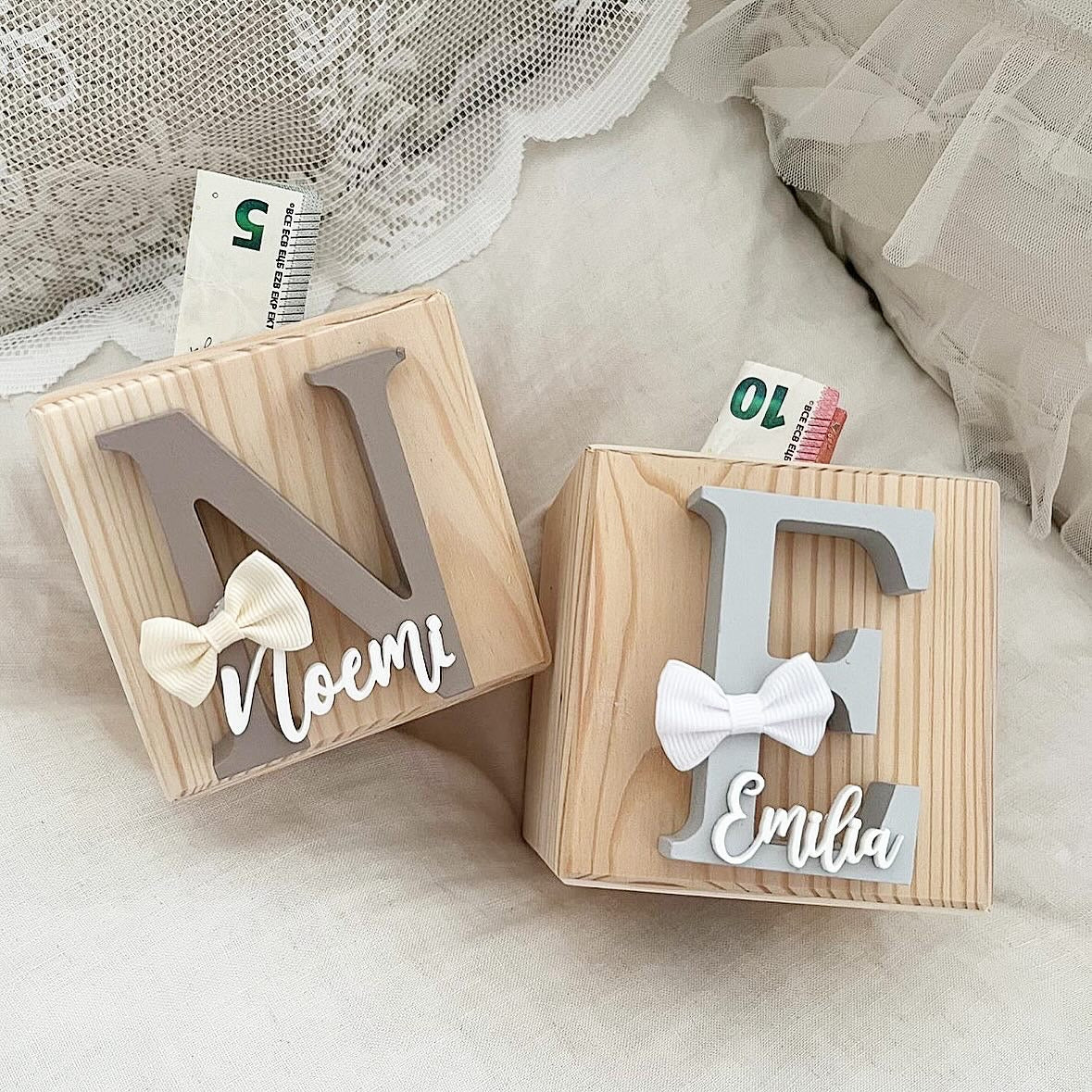 Money box cube letters bow