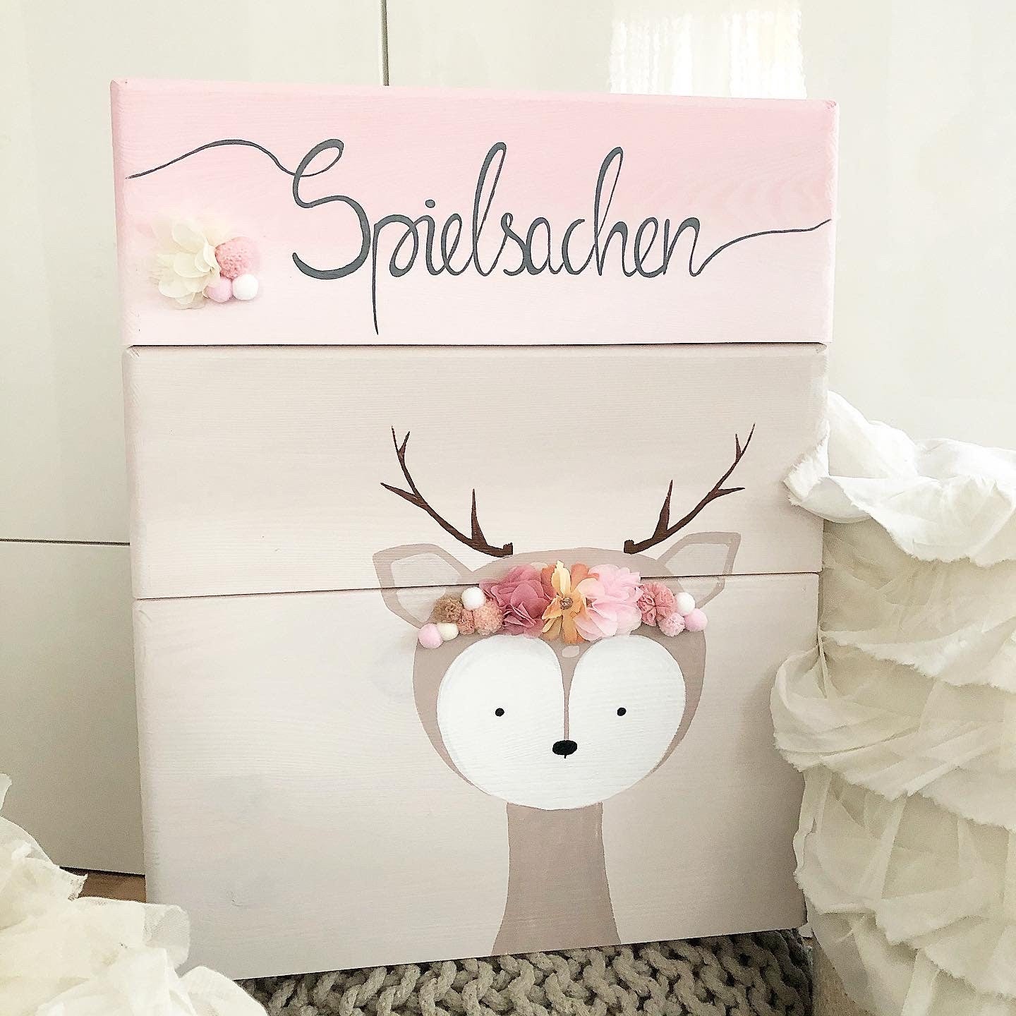 Stapelkiste Groß 3er Set 3D Reh mit Blumen - Wood Kids World