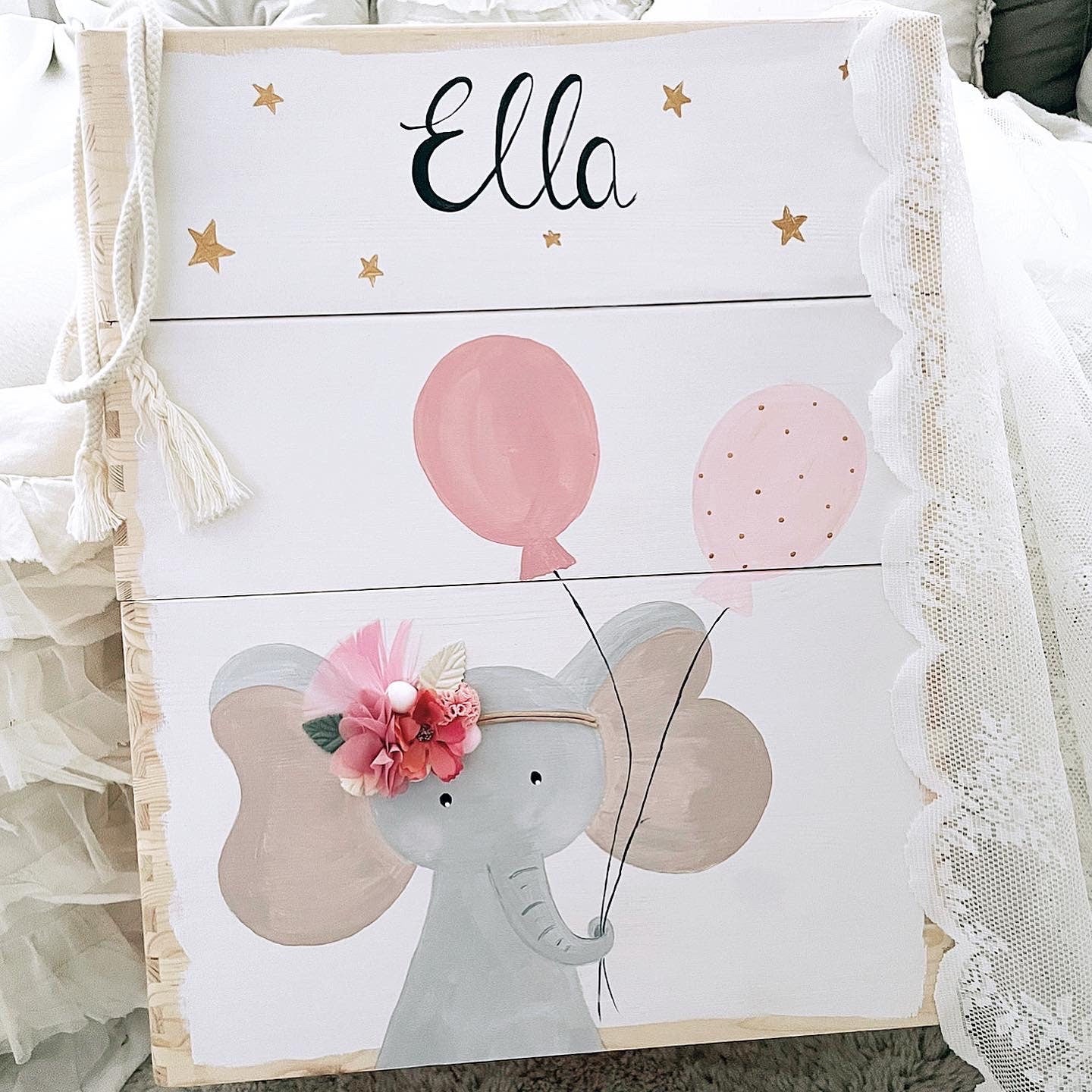 Stapelkiste Groß 3er Boho Elefant rosa - Wood Kids World