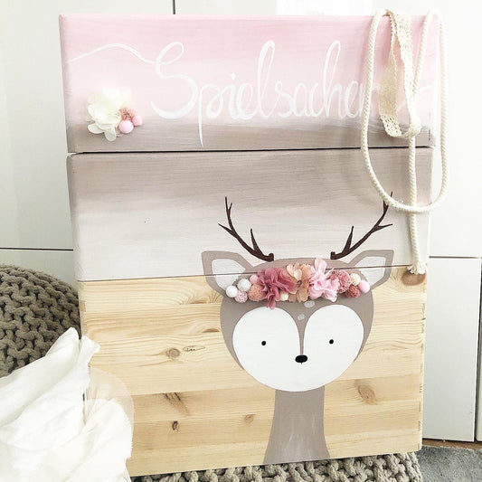 Stapelkiste Groß 3er Set 3D Reh mit Blumen - Wood Kids World