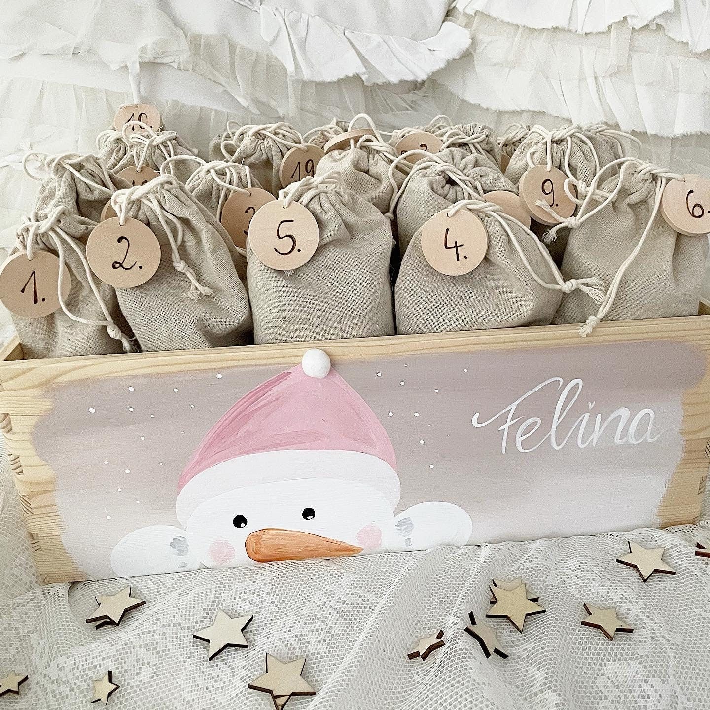 Schneemann Adventskiste rosa - Wood Kids World