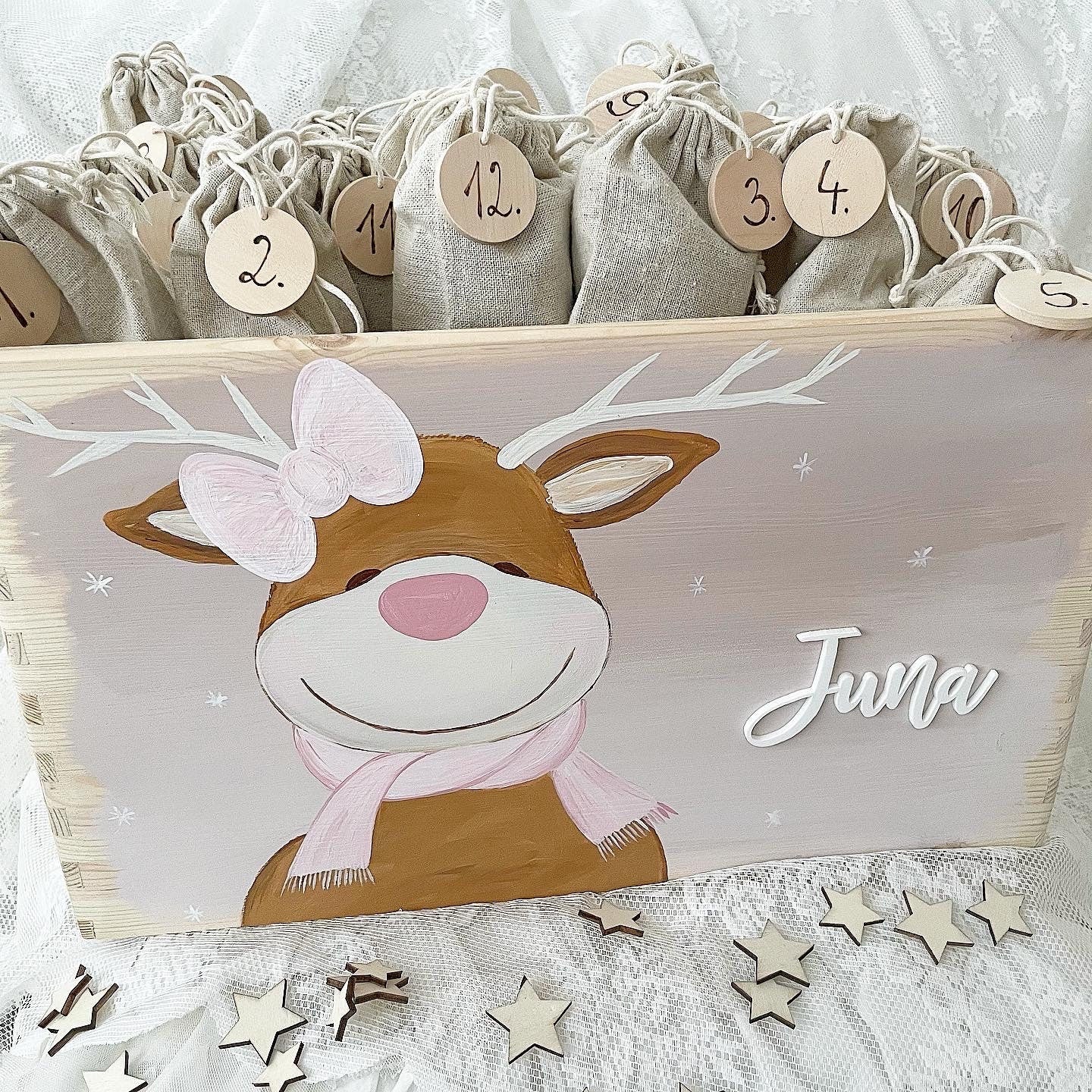Elch Adventskiste mit rosa Schleife - Wood Kids World