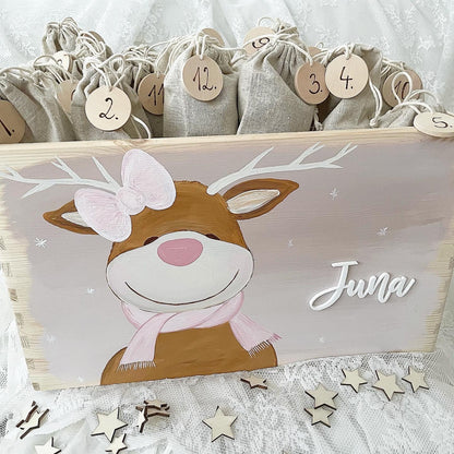 Elch Adventskiste mit rosa Schleife - Wood Kids World